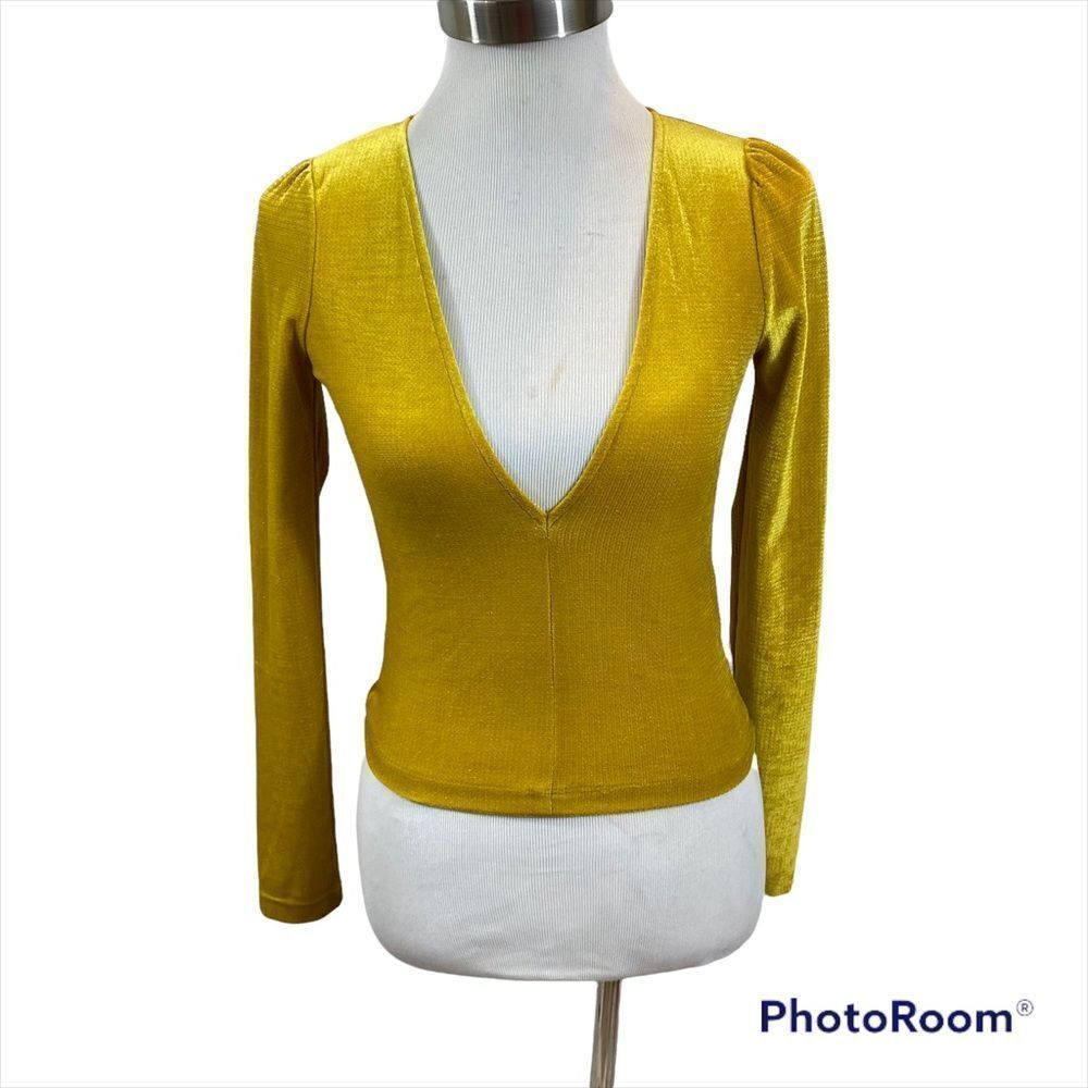 Urban Outfitters Mustard Colored Deep V Neck Textured Long Sleeved Shirt Small